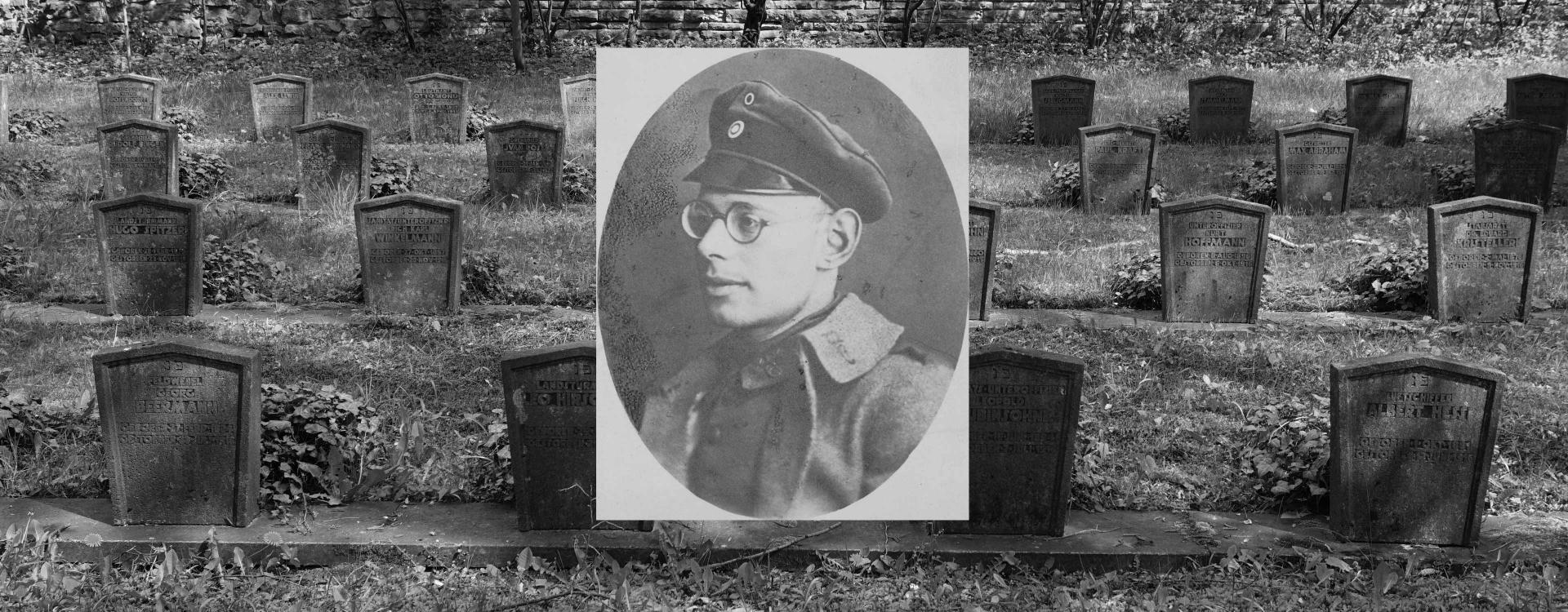Grabsteine auf einem Friedhof, darüber das Porträt eines Mannes.