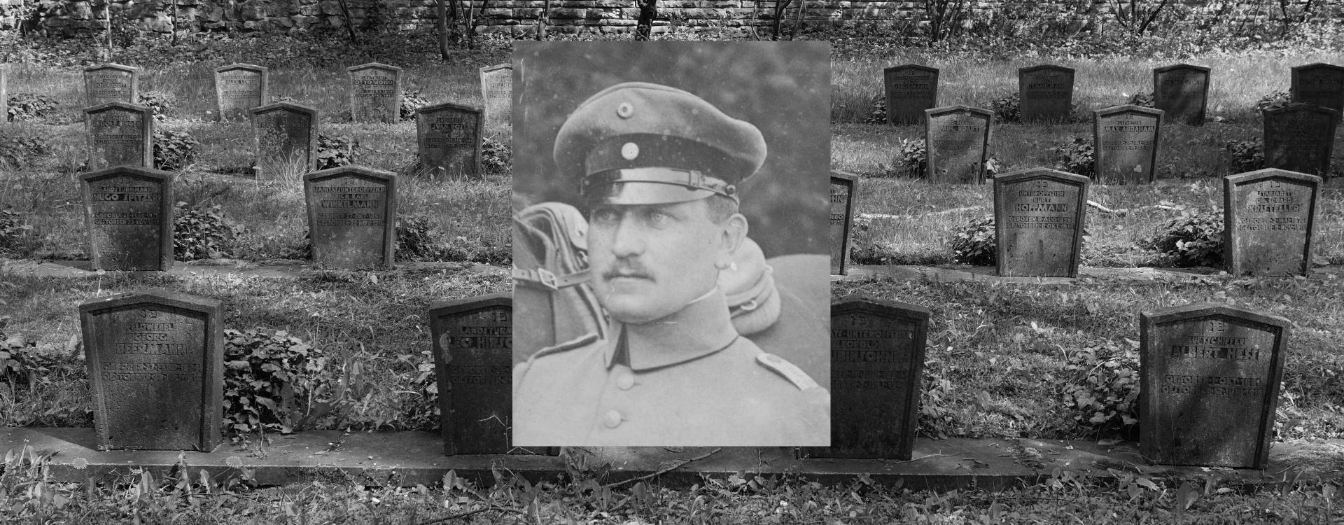Gravestones in a cemetery, above them the portrait of a man.
