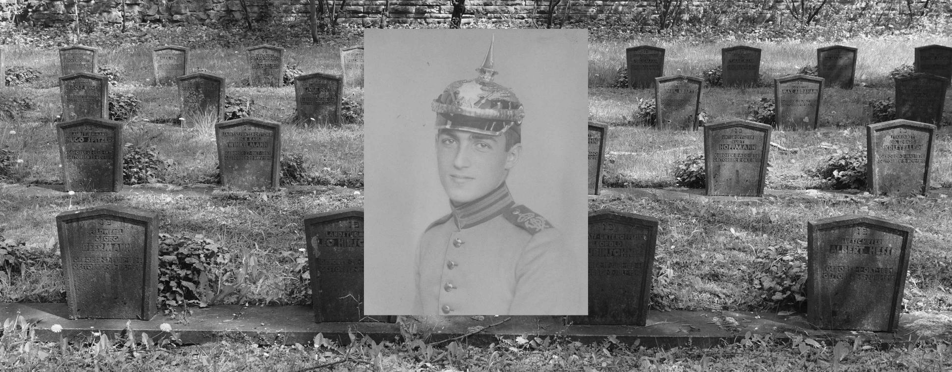 Grabsteine auf einem Friedhof, darüber die Zeichnung eines Soldaten.