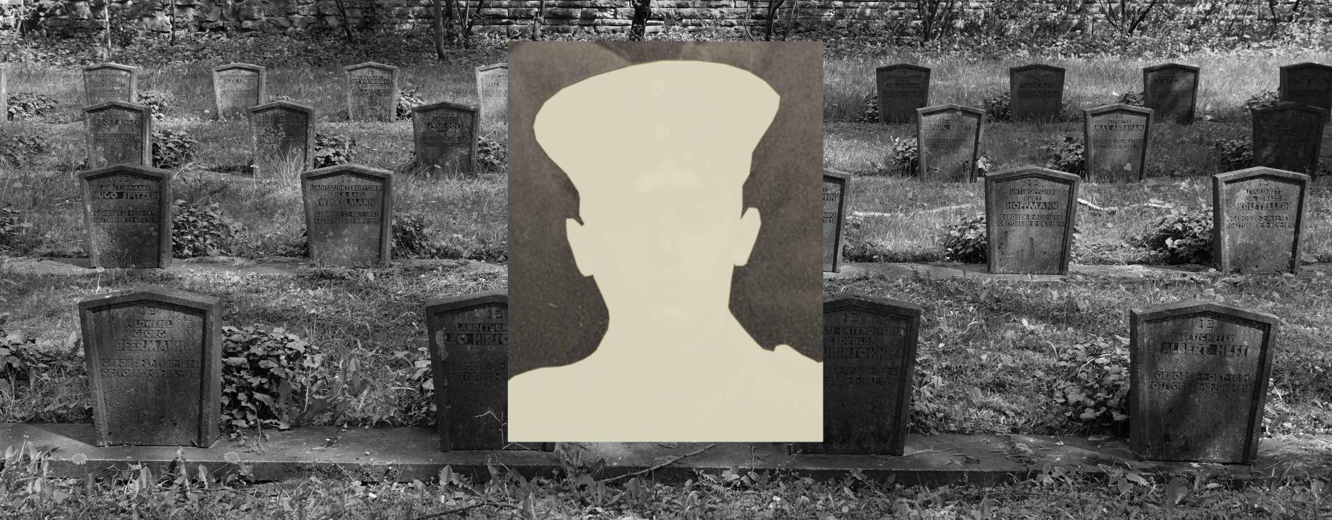 A collage: in the background are gravestones in a cemetery, in front of which is a passport photo showing only the silhouette of a head.