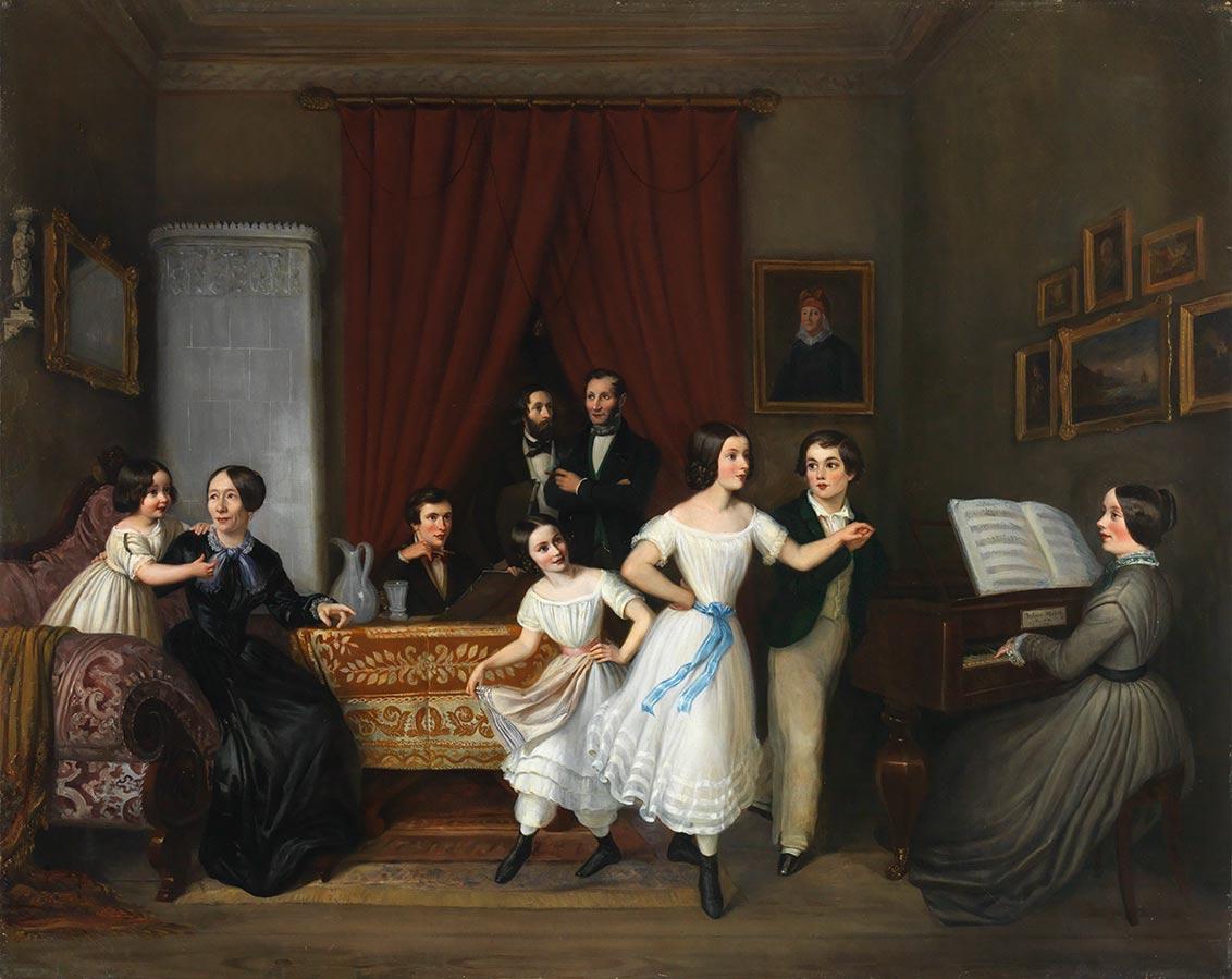 Painting depicting a family in the living room; the brightly dressed, dancing children are the centre of the scene