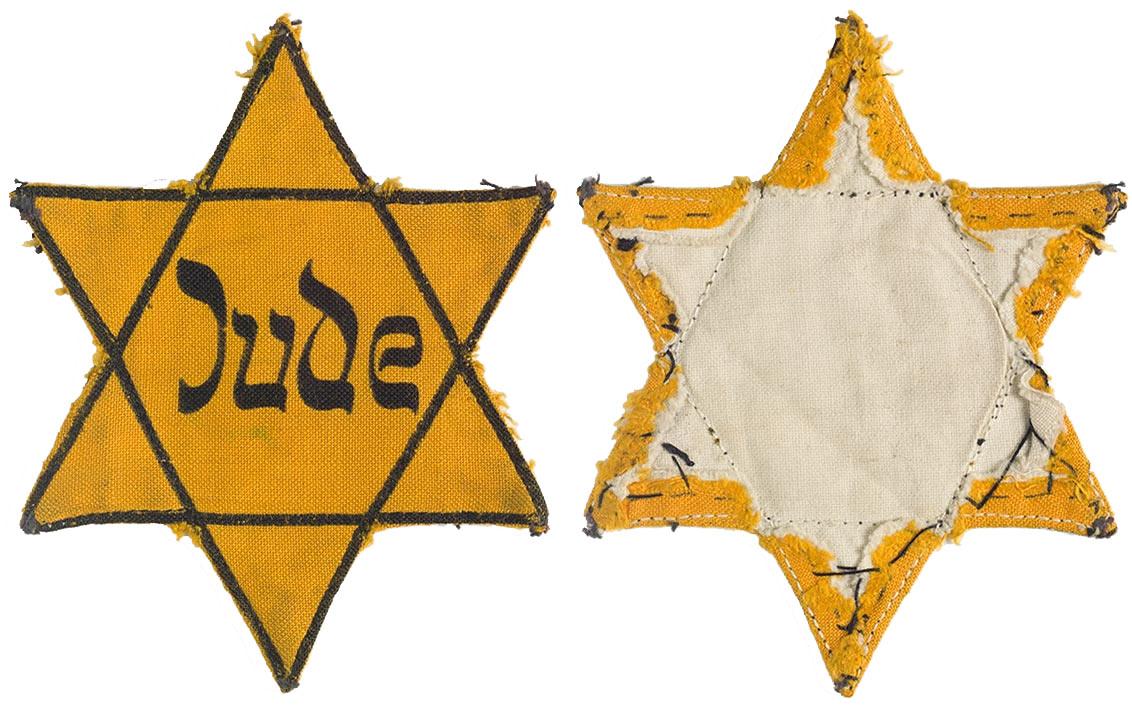 Aufnäher eines gelben, sechszackigen Sterns mit der Aufschrift „Jude“, Ansicht Vorder- und Rückseite