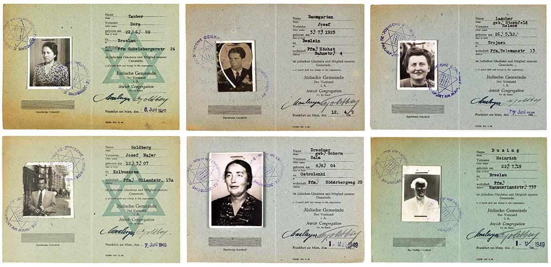Six membership cards of the Frankfurt Jewish Community, stamped in 1949