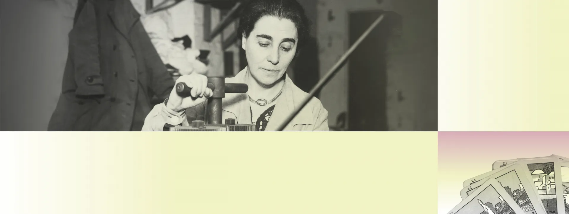 A black and white photo features a woman standing at a press.