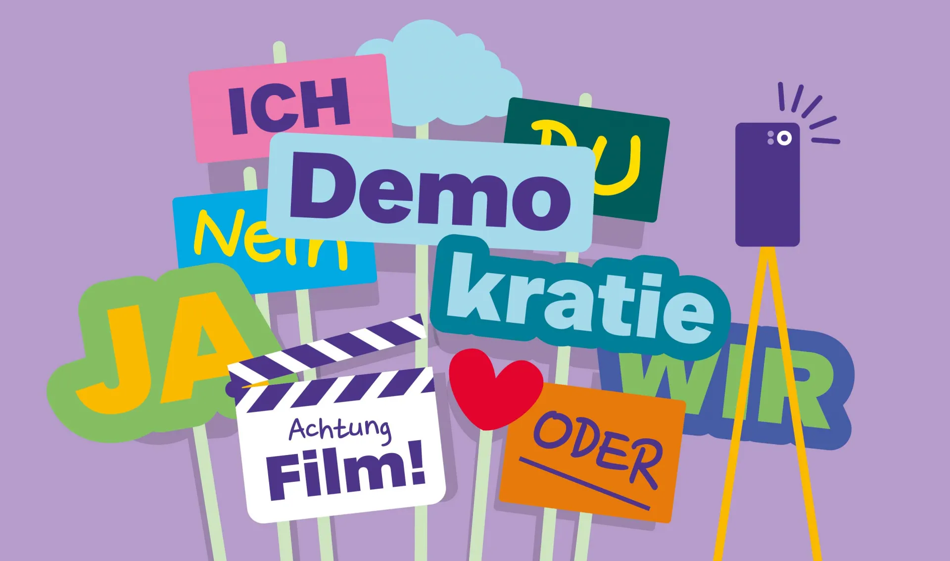 Colorful graphic showing various posters and signs, with a film clapperboard and a cell phone for filming on a tripod in front of it.