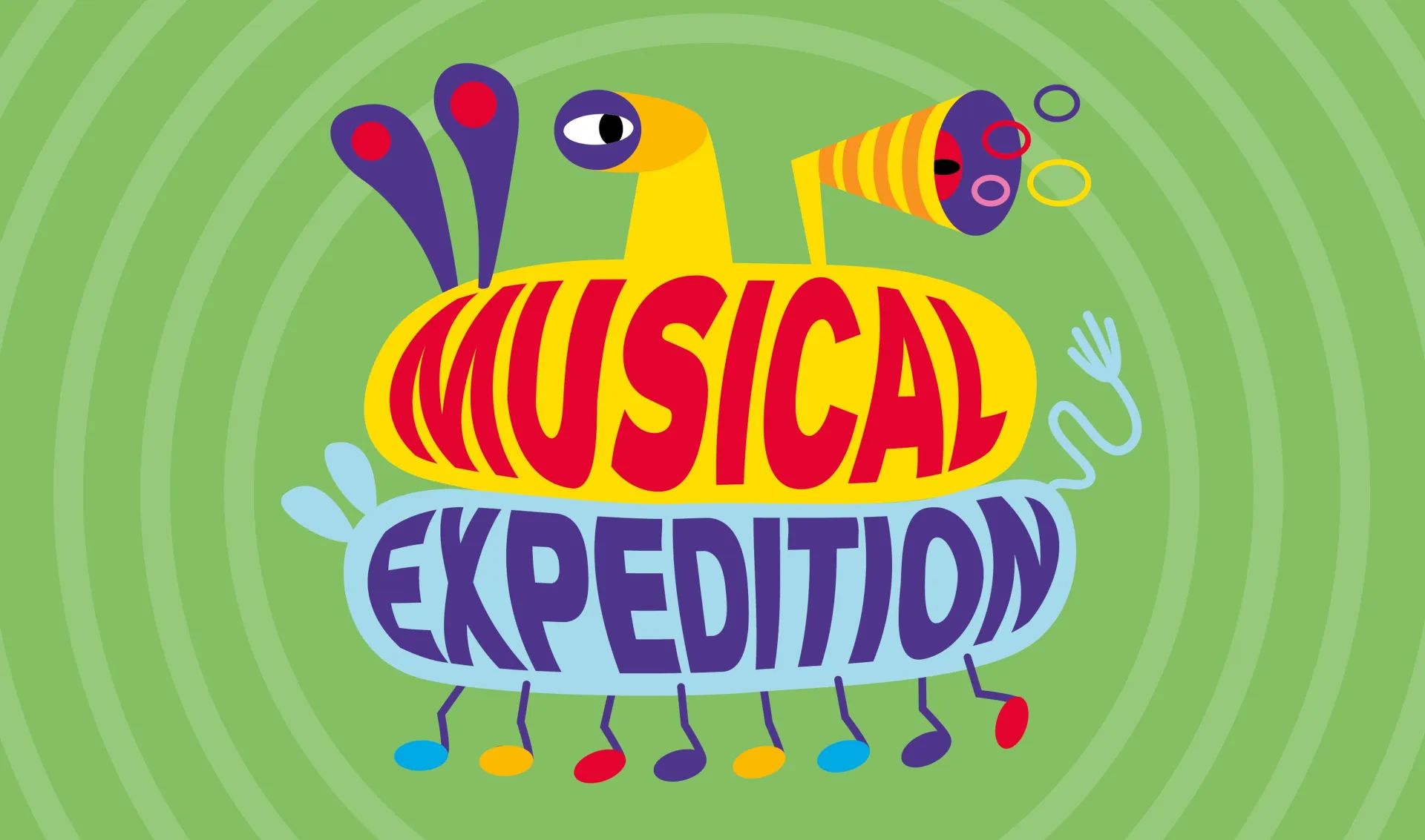 Illustration auf grasgr&uuml;nem Hintergrund mit hellgr&uuml;nen Kreisen. In der Mitte steht eine gelb-blaue Fantasiefigur. Unten hat sie viele F&uuml;&szlig;e wie ein Tausendf&uuml;&szlig;ler, im K&ouml;rper steht der Schriftzug &bdquo;Musical Expedition&ldquo;. Oben ragen zwei Augen aus unterschiedlich geformten Trichtern heraus, dazu zwei F&uuml;hler und eine zus&auml;tzliche Hand. Die Figur wirkt verspielt und aus verschiedenen Elementen zusammengesetzt.
