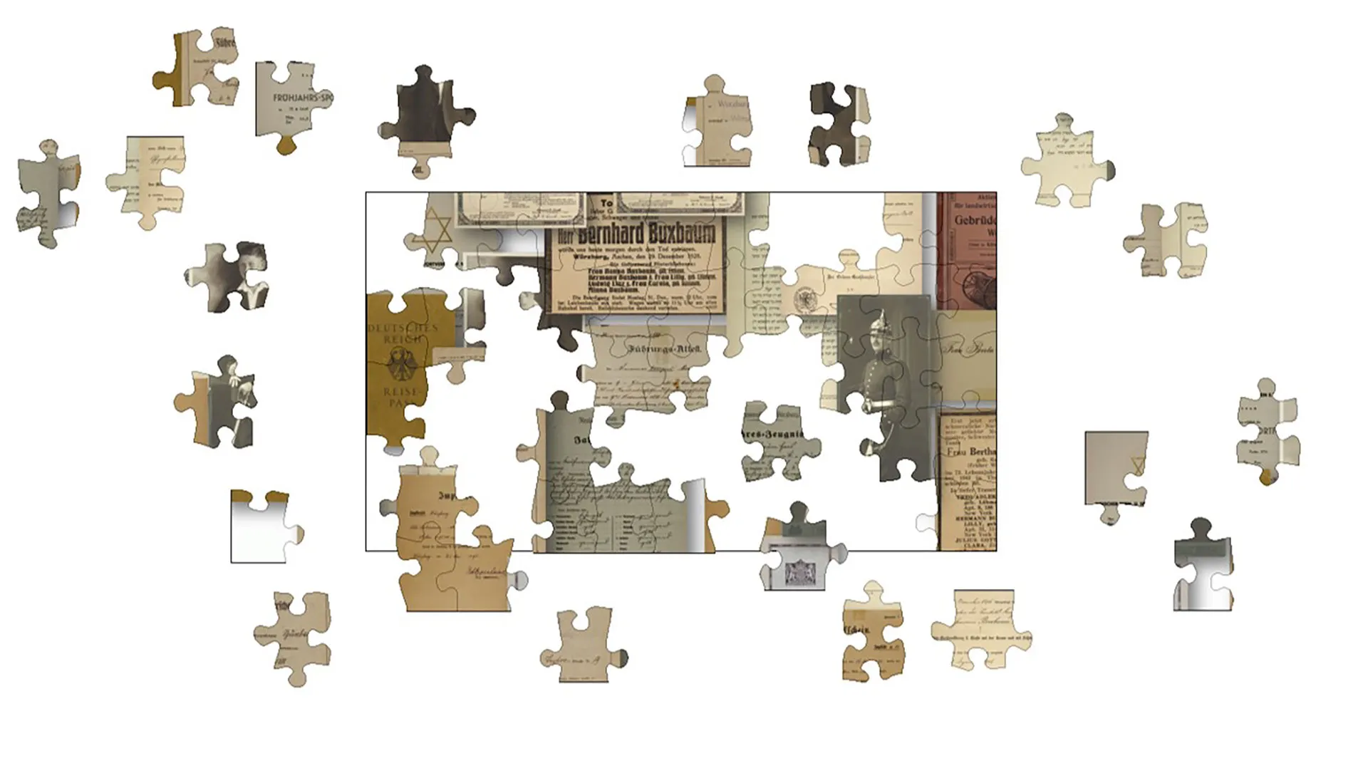 Ein noch nicht fertiggestelltes Puzzle, das verschiedene historische Dokumente als Motiv hat.