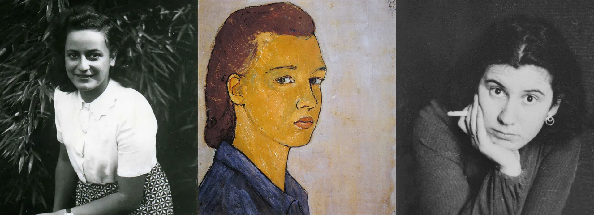 Collage aus drei Portraits: Hélène Berr als Schwarz-Weiß-Foto, Charlotte Salomon als Selbstportrait in Öl und Etty Hillesum als Schwarz-Weiß-Foto. Alle Frauen blicken direkt in die betrachtende Person.