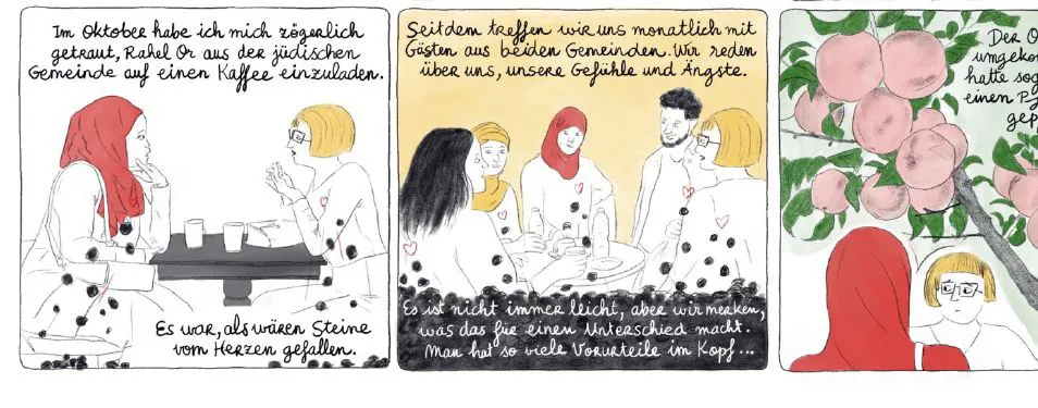 Drei Bilder aus einem Comic: zwei junge Personen im Gespr&auml;ch, dann f&uuml;nf junge Leute im Gespr&auml;ch, dann stehen die Zwei von Bild 1 unter einem Apfelbaum.