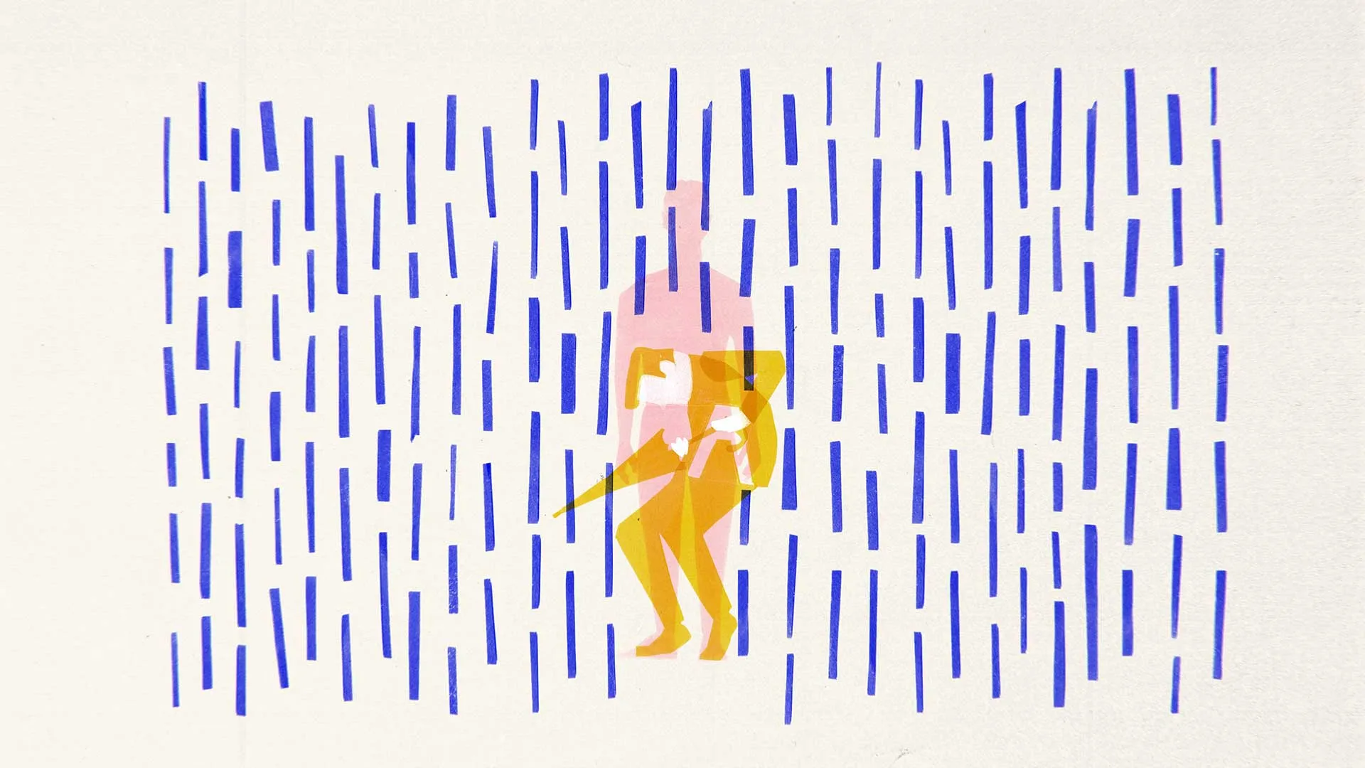 Collage: Ein Mensch steht im Regen, eine zweite Figur &uuml;berlagert die erste und ist dabei einen Regenschirm aufzuspannen.