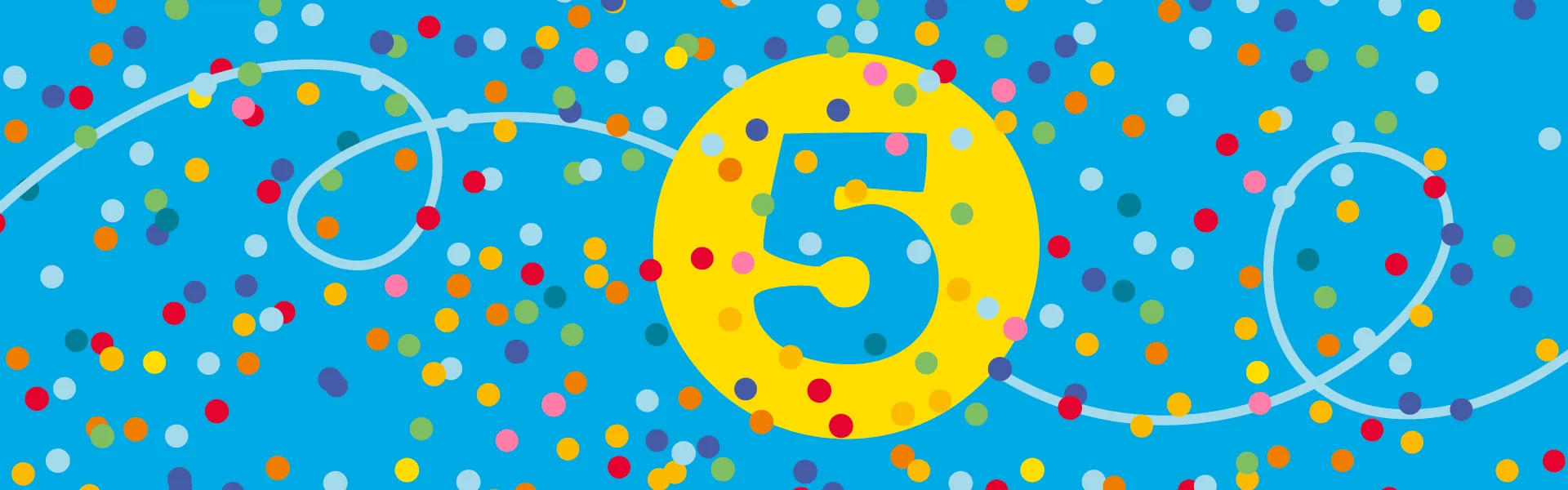 A graphic featuring a light blue &ldquo;5&rdquo; inside a yellow circle against a light blue background with lots of colorful dots and wavy lines.