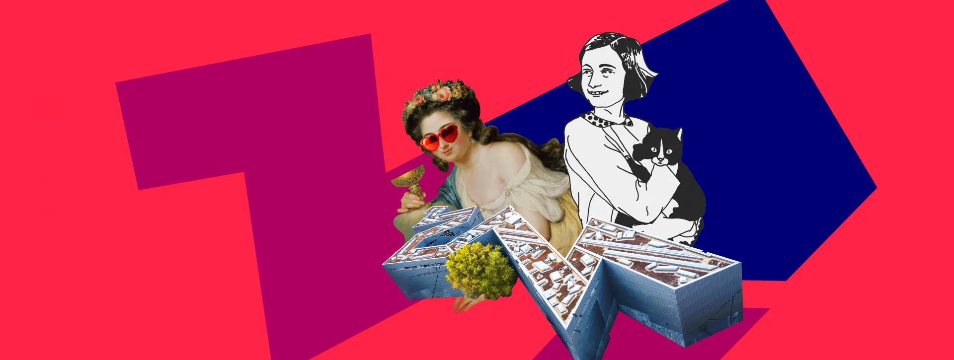 The image has a red background. It shows a collage: angular shapes in magenta and blue, with a graphic of the Libeskind building and two women above it.