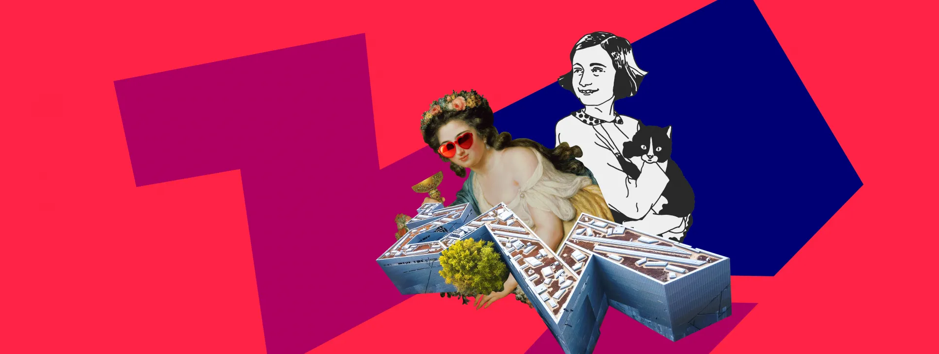 Das Bild hat einen roten Hintergrund. Darauf ist eine Collage zu sehen: Eckige Formen in Magenta und Blau, darüber eine Grafik des Libeskind-Baus und von zwei Frauen. 