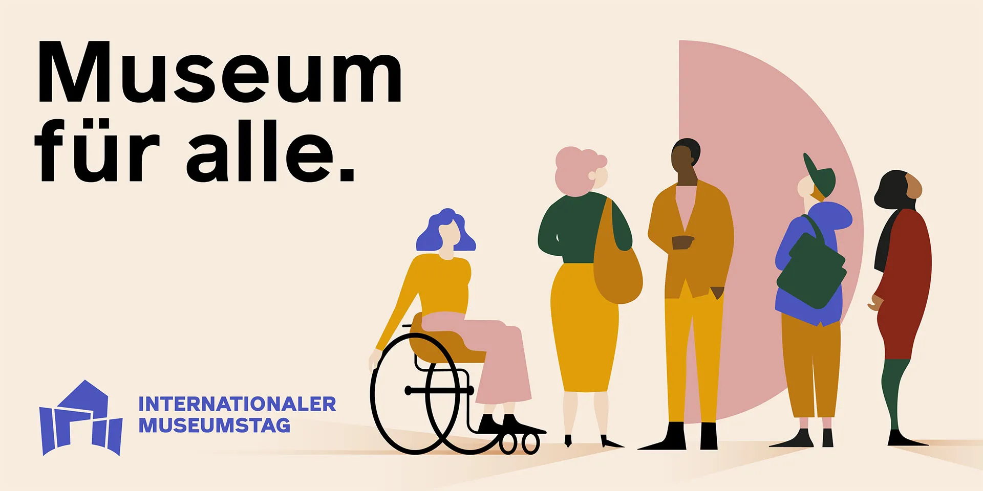 Grafik mit der Aufschrift "Museum für alle". Zu sehen sind 4 Personen, eine davon sitzt im Rollstuhl.