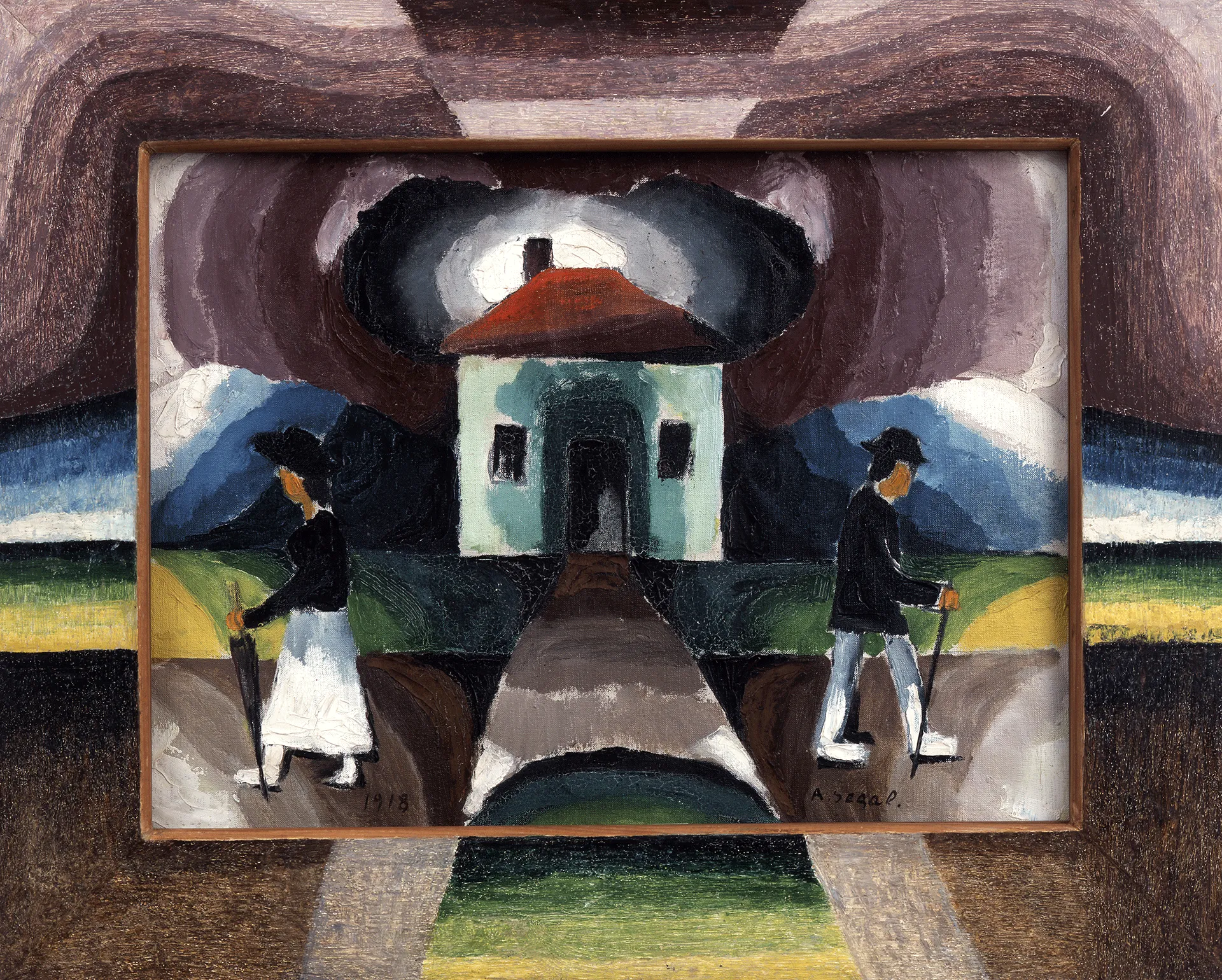 Das Bild zeigt ein Gem&auml;lde in dunklen Braunt&ouml;nen, gr&uuml;nen und gelben sowie blauen T&ouml;nen. In der Mitte ist ein Gem&auml;lde abgebildet, auf dem zwei Personen voneinander weggehend dargestellt sind. In der Mitte f&uuml;hrt ein Pfad zu einem Haus. 