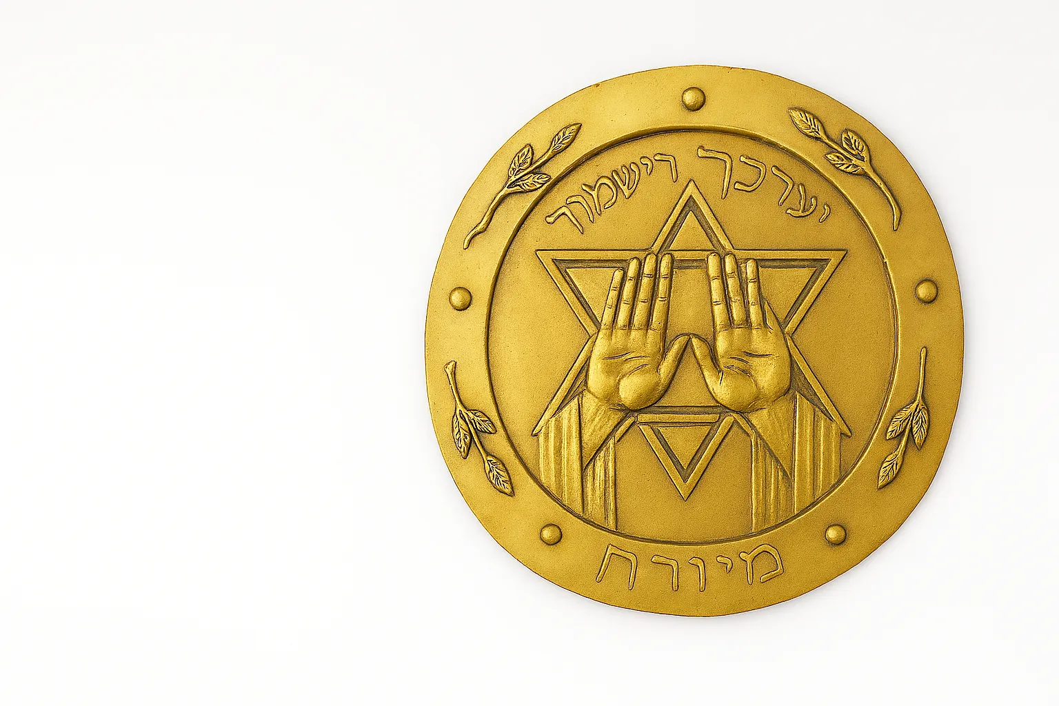 Round gold plate with embossed designs.