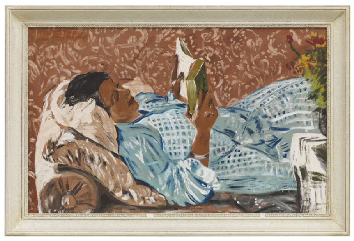 Painting: A young woman in a blue dress lies on a divan holding an open book in her hand. At the right, a vase with flowers is indicated.