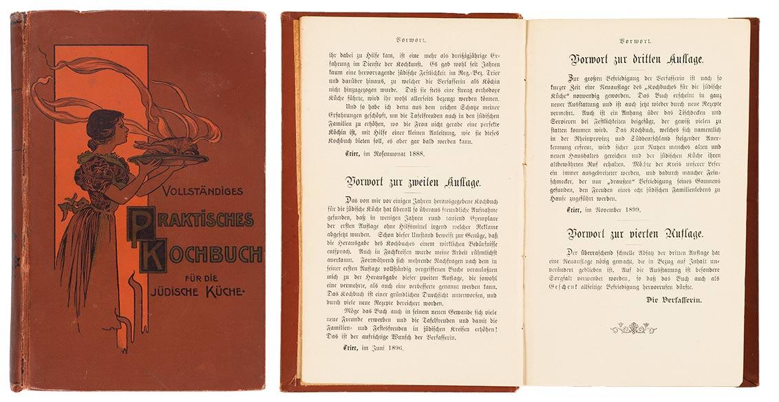 Buchcover mit Zeichnung einer Frau, die eine Servierplatte mit dampfendem Hähnchen trägt sowie aufgeschlagenes Buch mit Vorworten zur ersten, zweiten, dritten und vierten Auflage