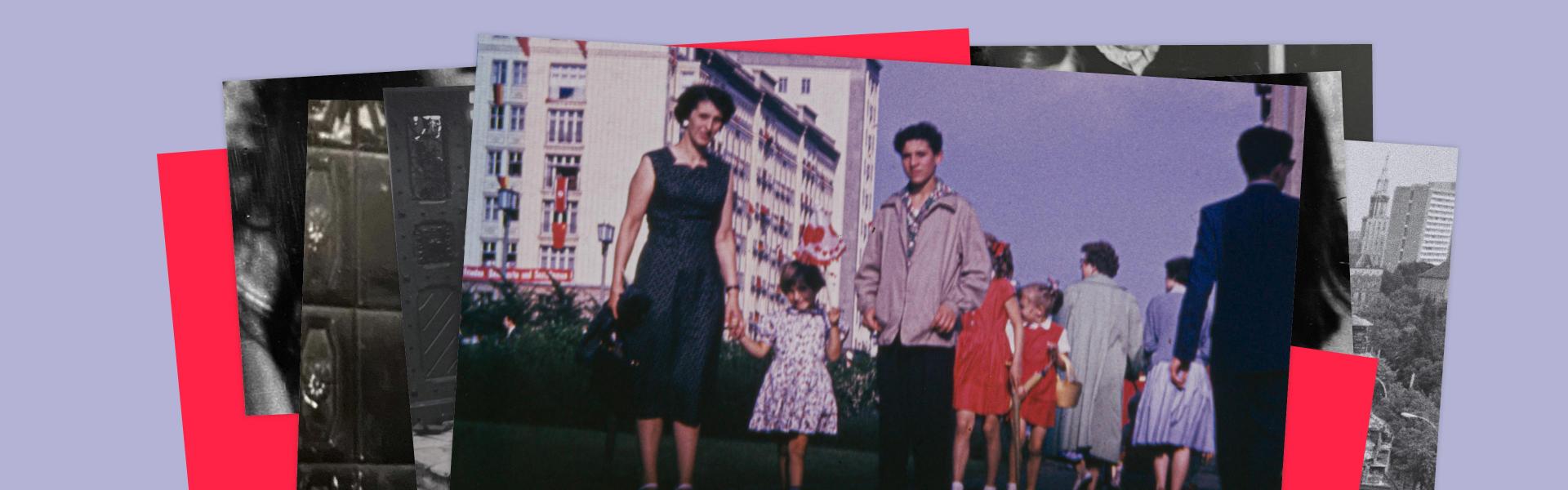Designed graphic with overlapping photos and red squares, the top photo shows a woman with a child holding her hand, next to her a teenager, in the background the so-called workers' palaces in Stalinallee.