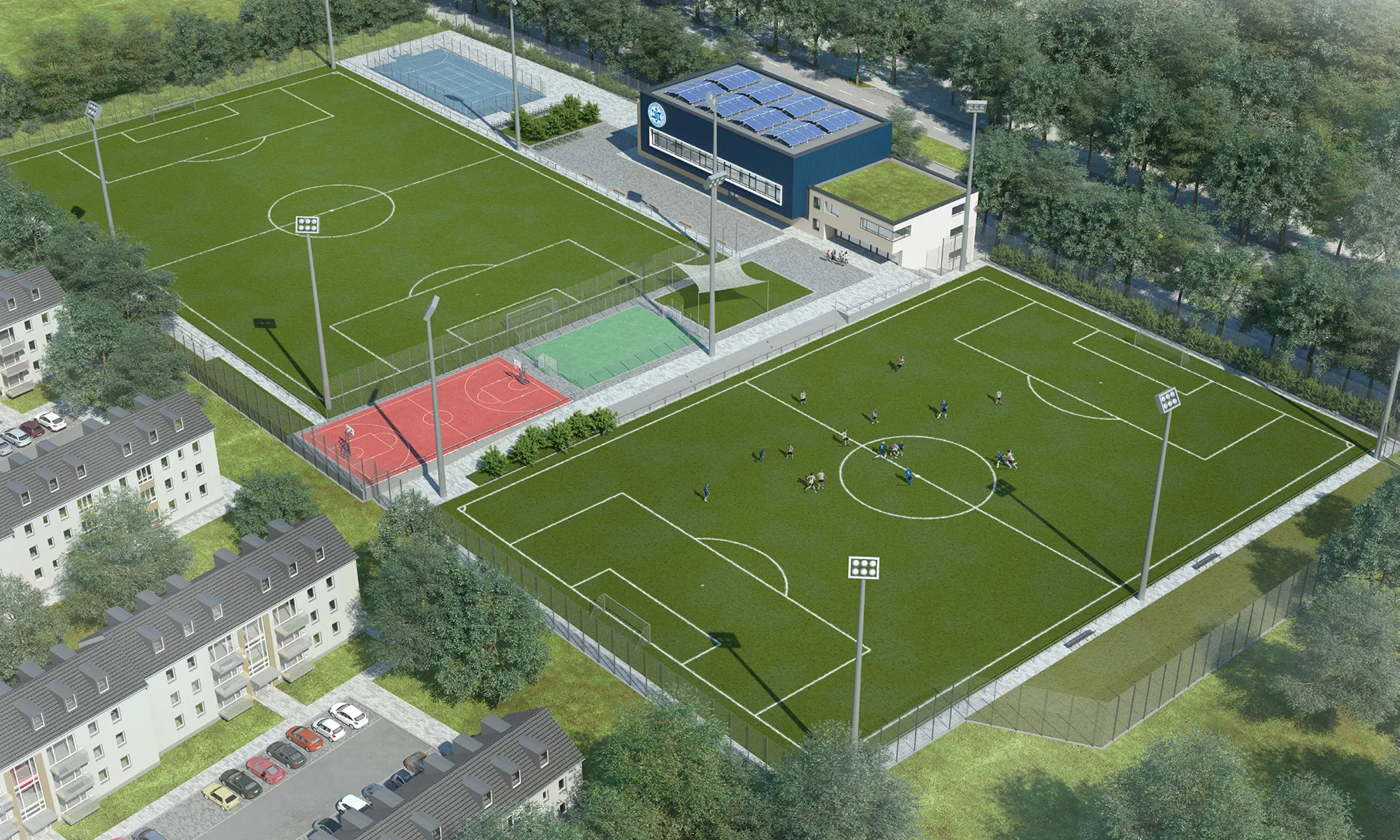 Digitale Darstellung einer gro&szlig;en Sportanlage mit mehreren Sportpl&auml;tzen nebeneinander und Sportzentrum