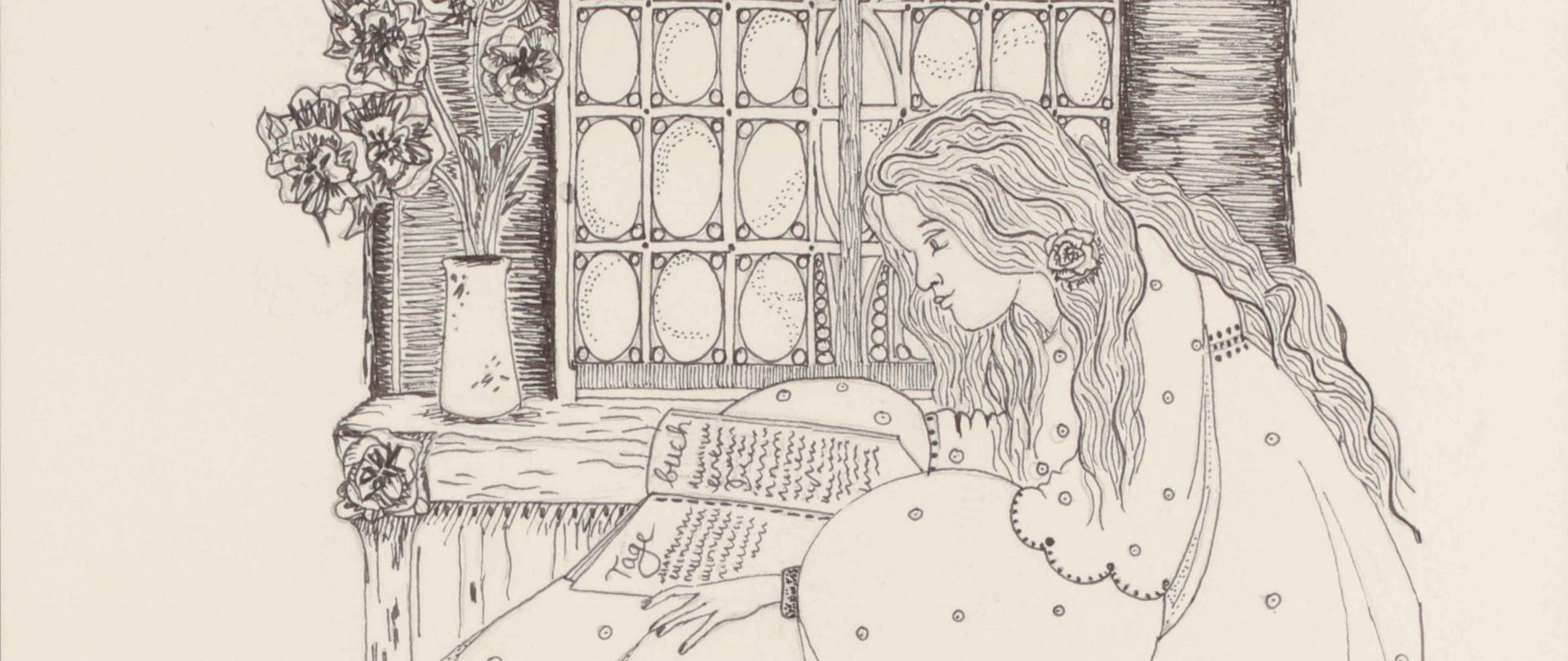 Zeichnung einer jungen Frau, die in einem Tagebuch blättert. Sie sitzt innen vor einem Fenster