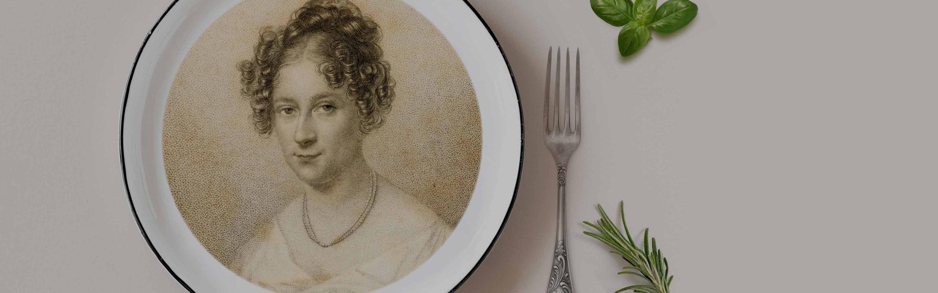 Plate decorated with a portrait drawing of Rahel Varnhagen, herbs and a fork next to it.