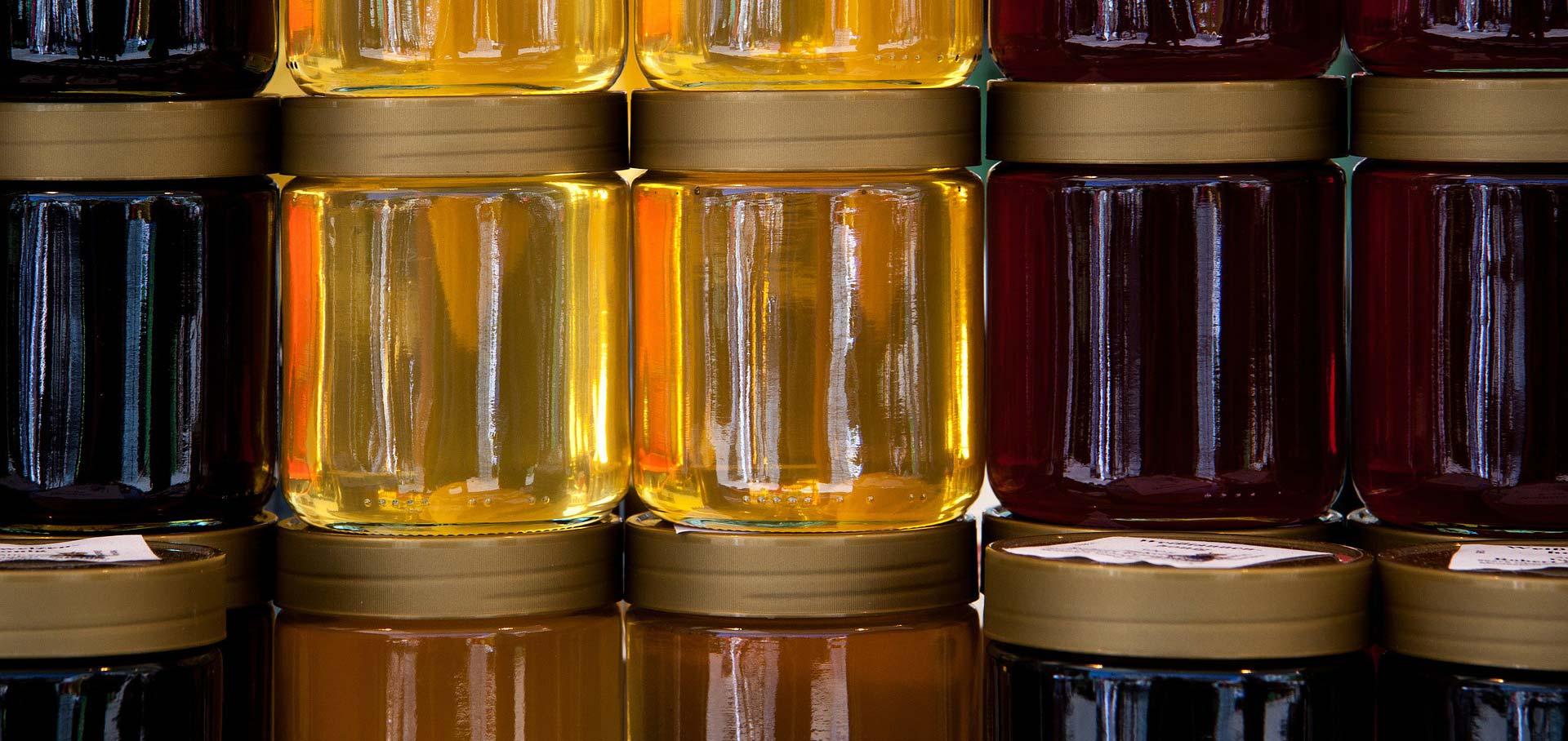 Piled jars with honey.