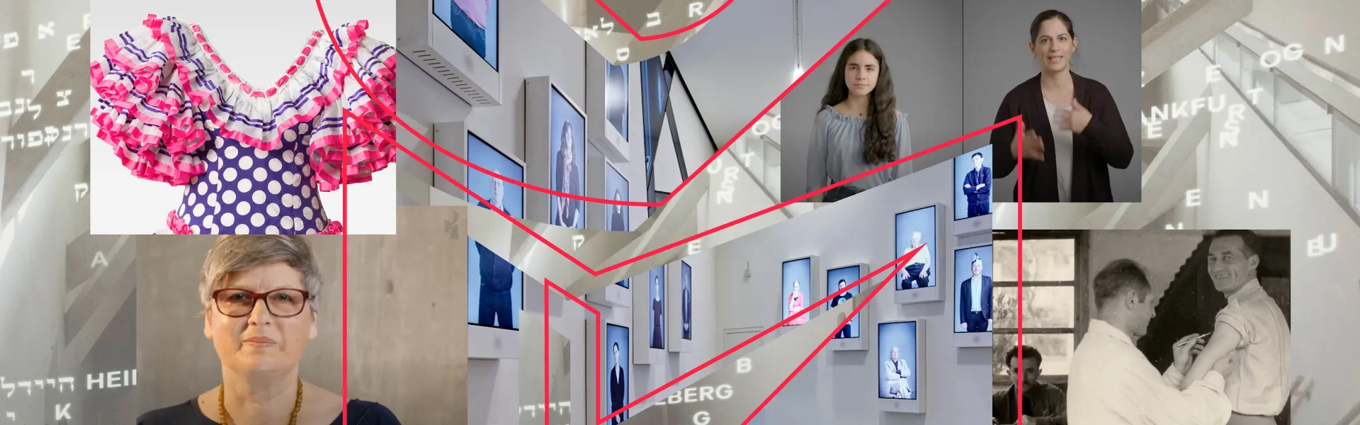 Collage mit Museumsräumen und Menschen