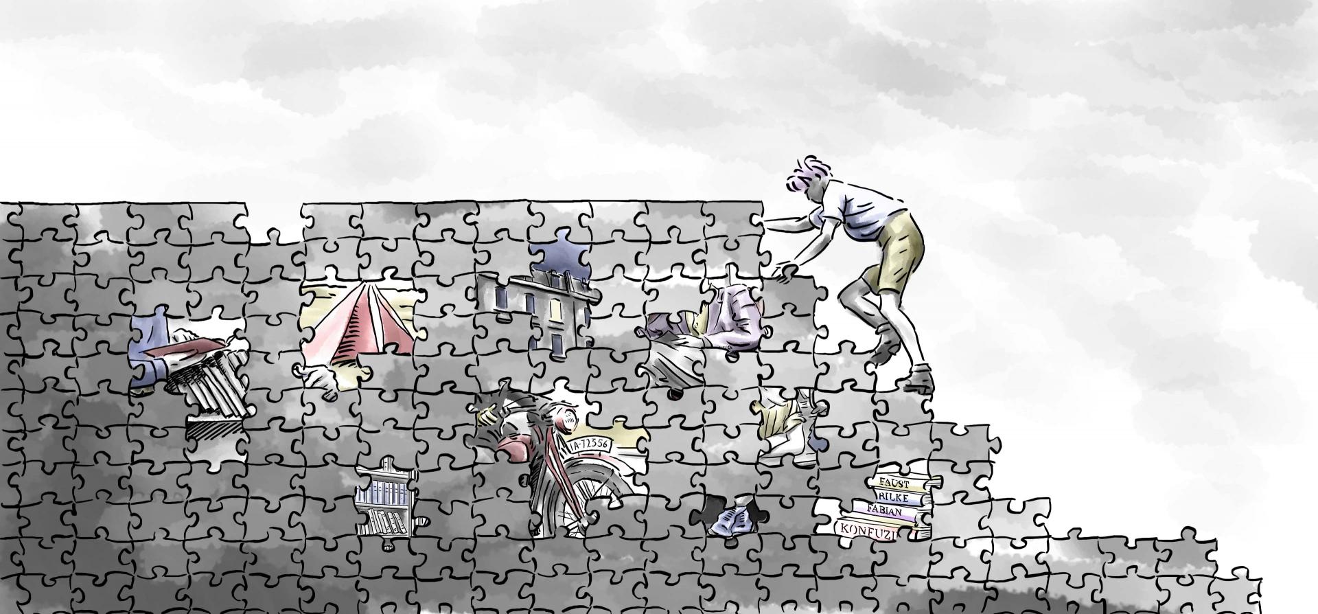 The illustration shows a young man climbing a wall made of puzzle pieces.