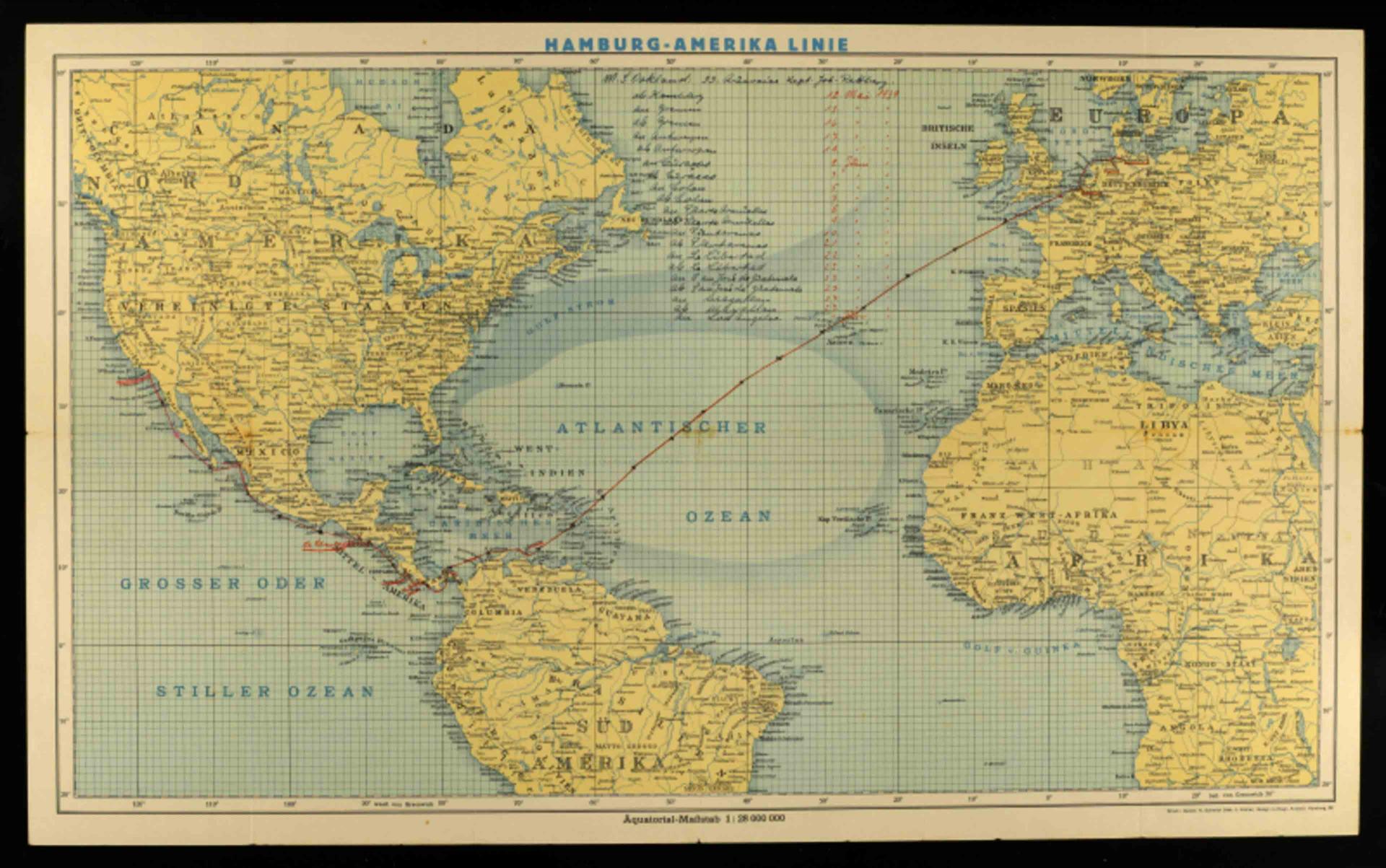 Weltkarte auf der mit rotem Stift die Strecke zwischen Hamburg und den USA eingezeichnet ist.