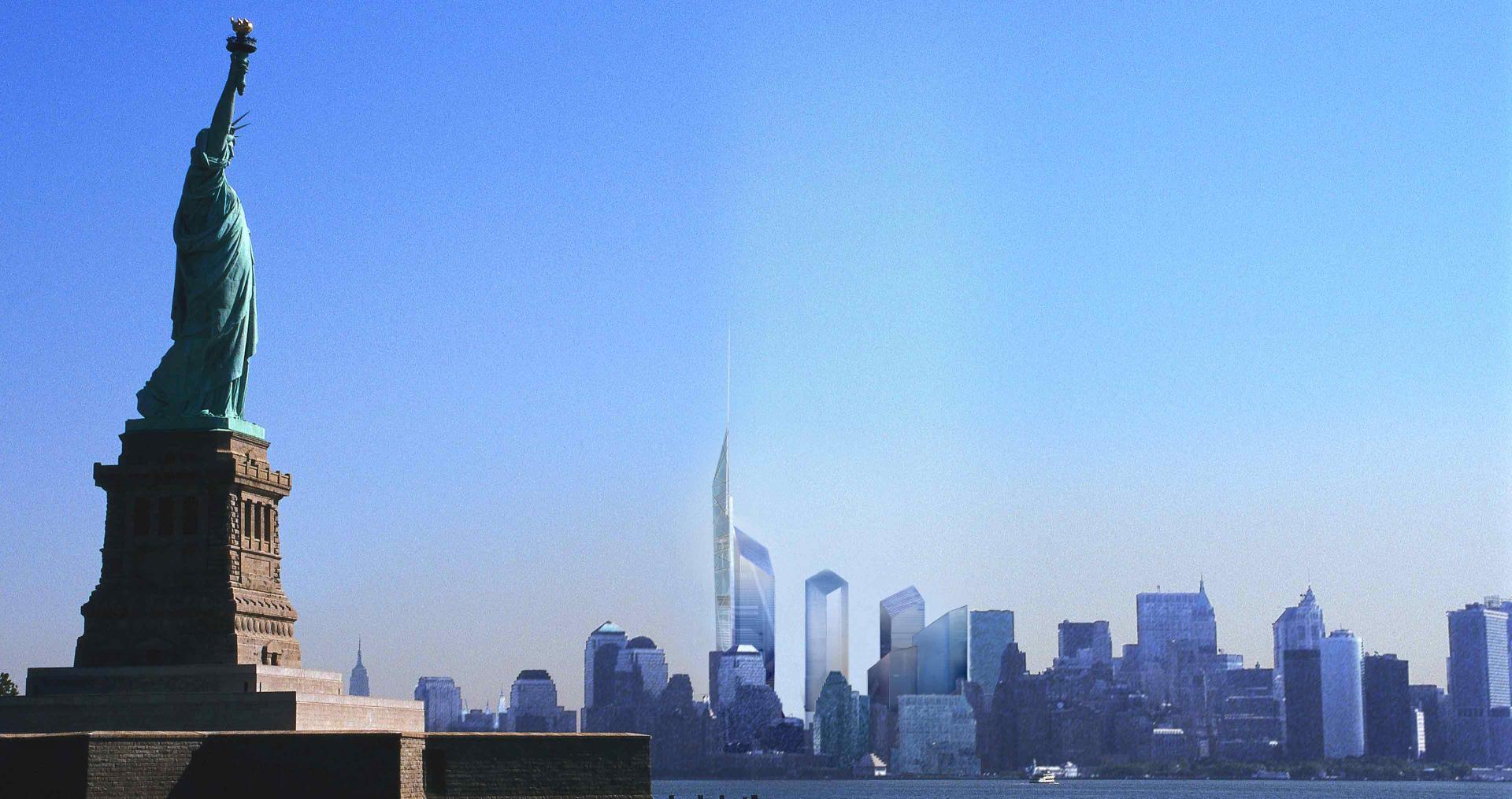3D rendering of New York skyline with Statue of Liberty and sketch of World Trade Center area