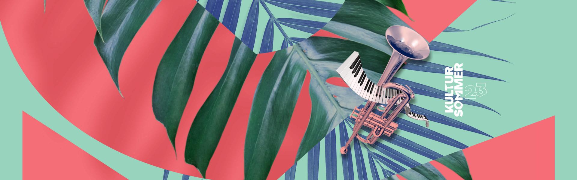 Farbige Grafik mit Blättern, Klaviertastatur und Trompete.