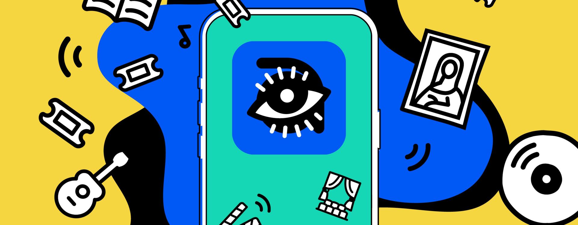 Colorful graphic showing a cell phone with the icon of the KulturPass app, an eye on a blue background. 