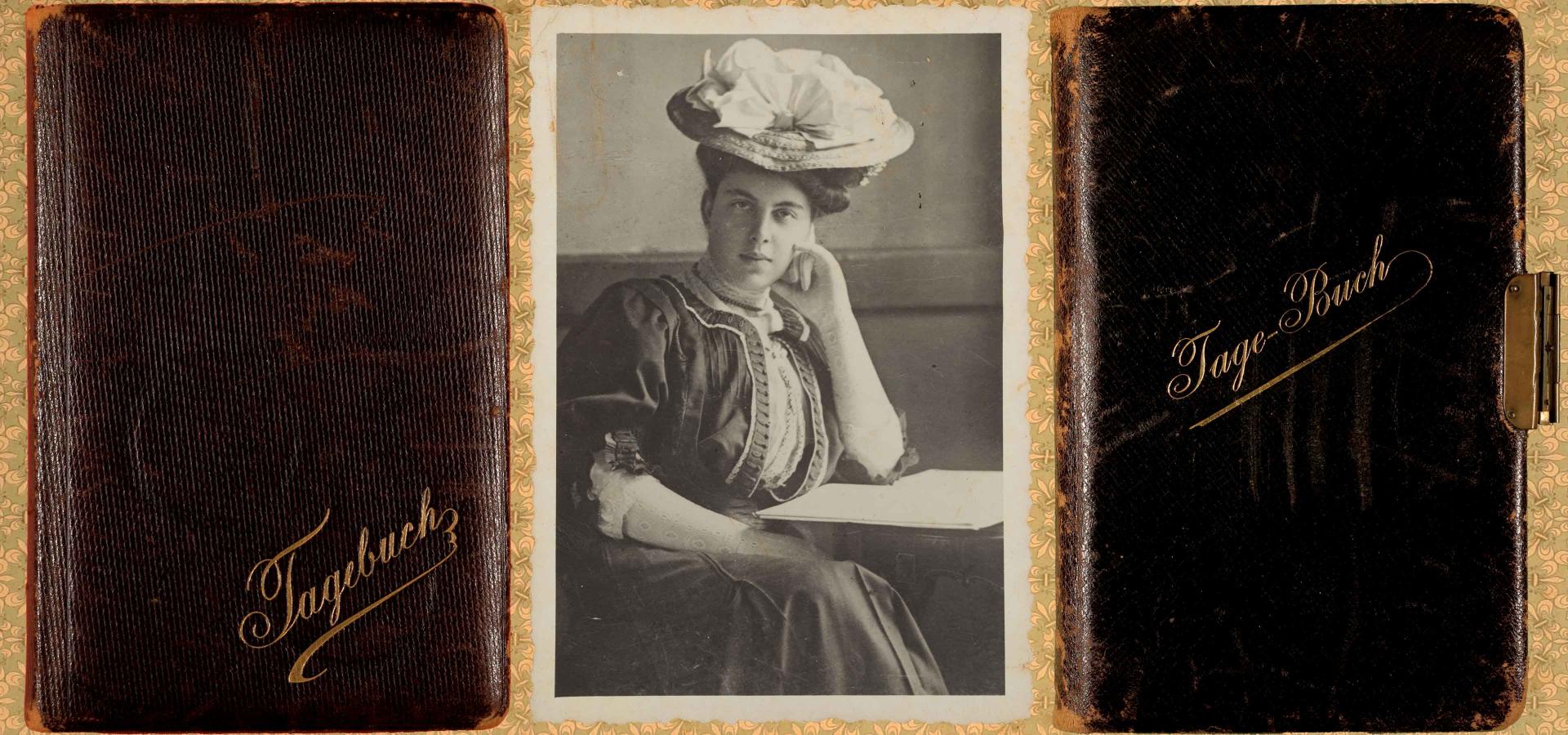 Cover of a diary, center: black and white portrait photo of a young lady. She wears a high-necked dress with hat in the style of the 1910s. Right: cover of a worn diary with leather binding and the golden lettering “Tage-Buch” (diary).