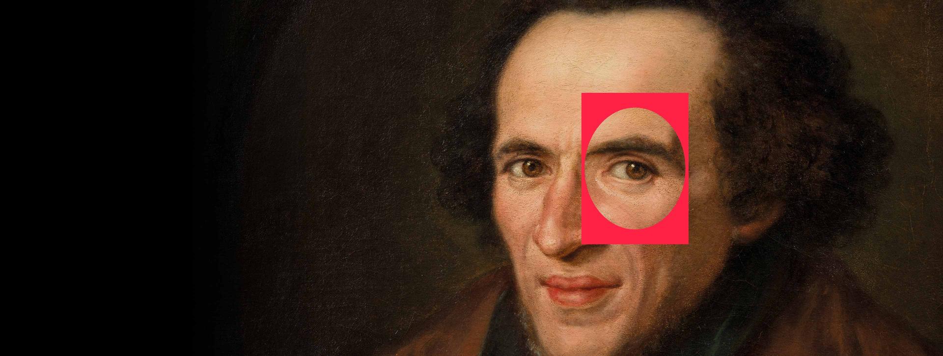 Ausschnitt aus einem Ölgemälde: Porträt von Moses Mendelssohn im Halbprofil, die Augen sind auf die Betrachtenden gerichtet, das linke ist durch einen roten Rahmen hervorgehoben.