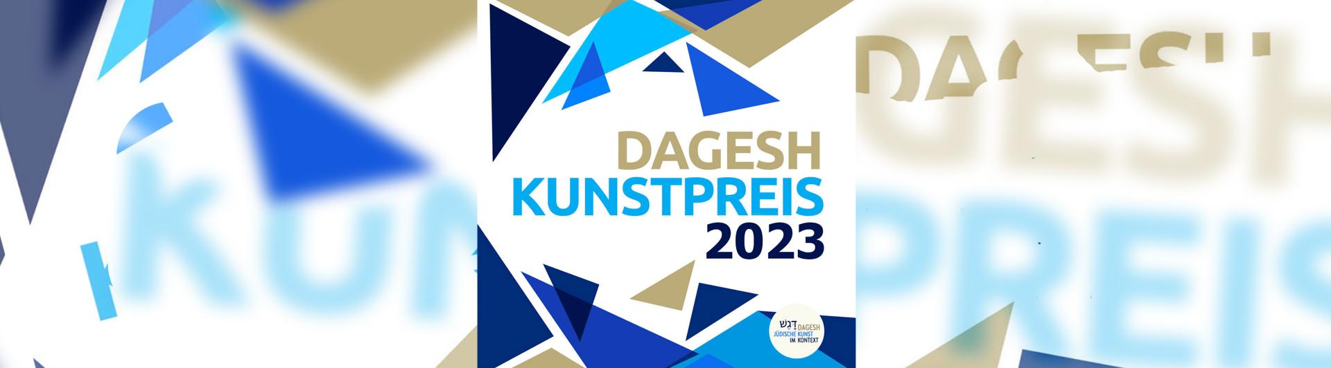 Graphik mit blauen und goldenen Dreiecken, in der Mitte folgender Schriftzug: Dagesh Kunstpreis 2023.