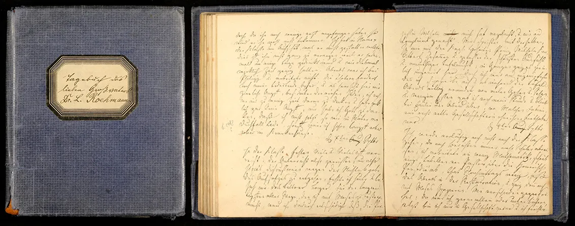 Diary cover with label and opened double page