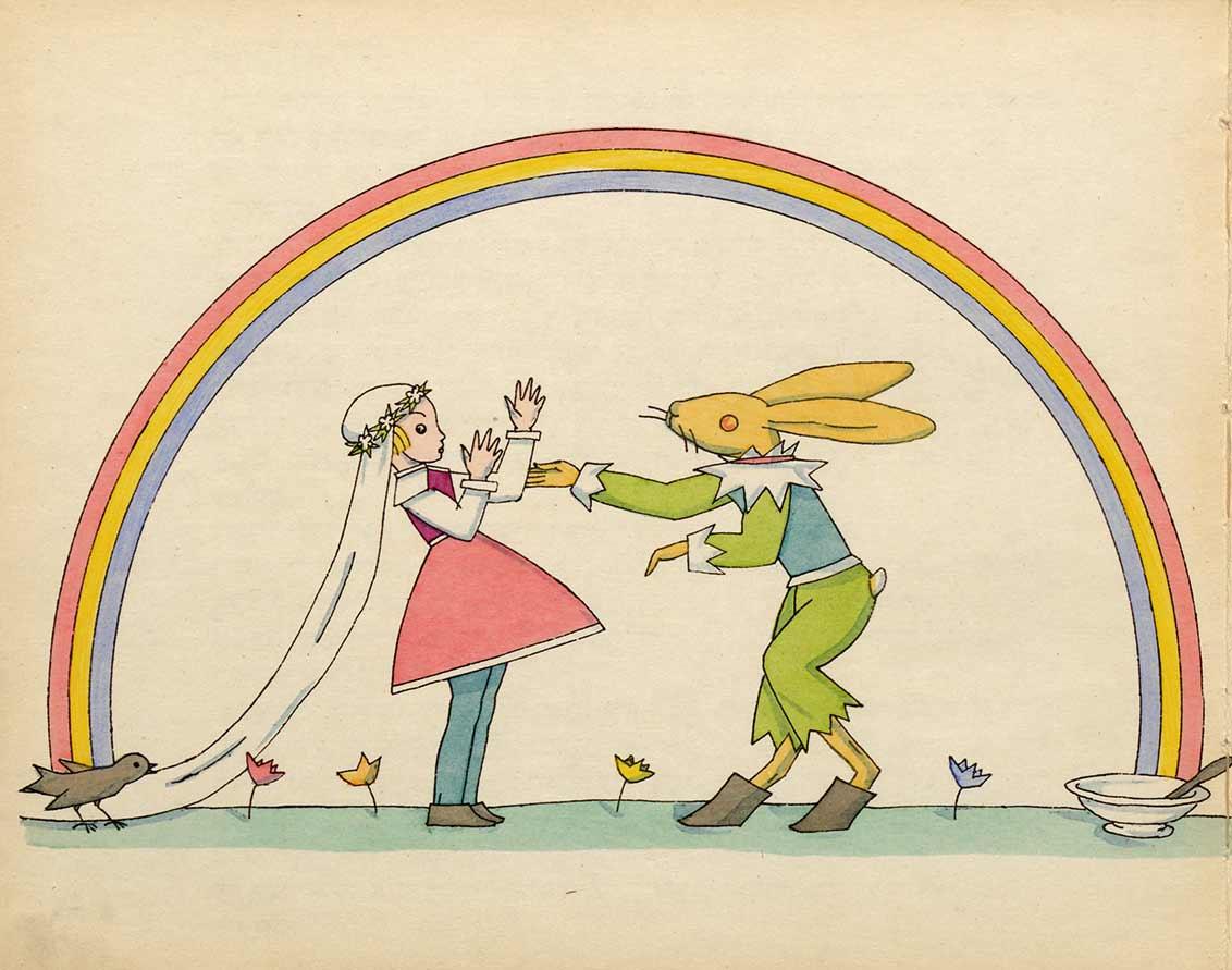 Drawing of a rabbit and a girl wearing a dress, a long veil and a wreath of flowers under a rainbow