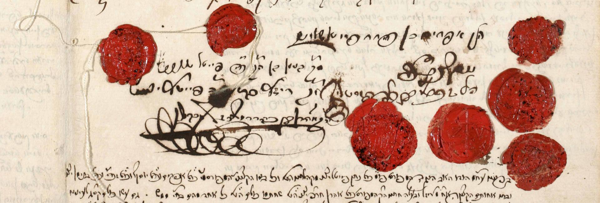 Ausschnitt aus dem handschriftlichen Testament von Veitel Heine Ephraim mit sieben roten Siegeln