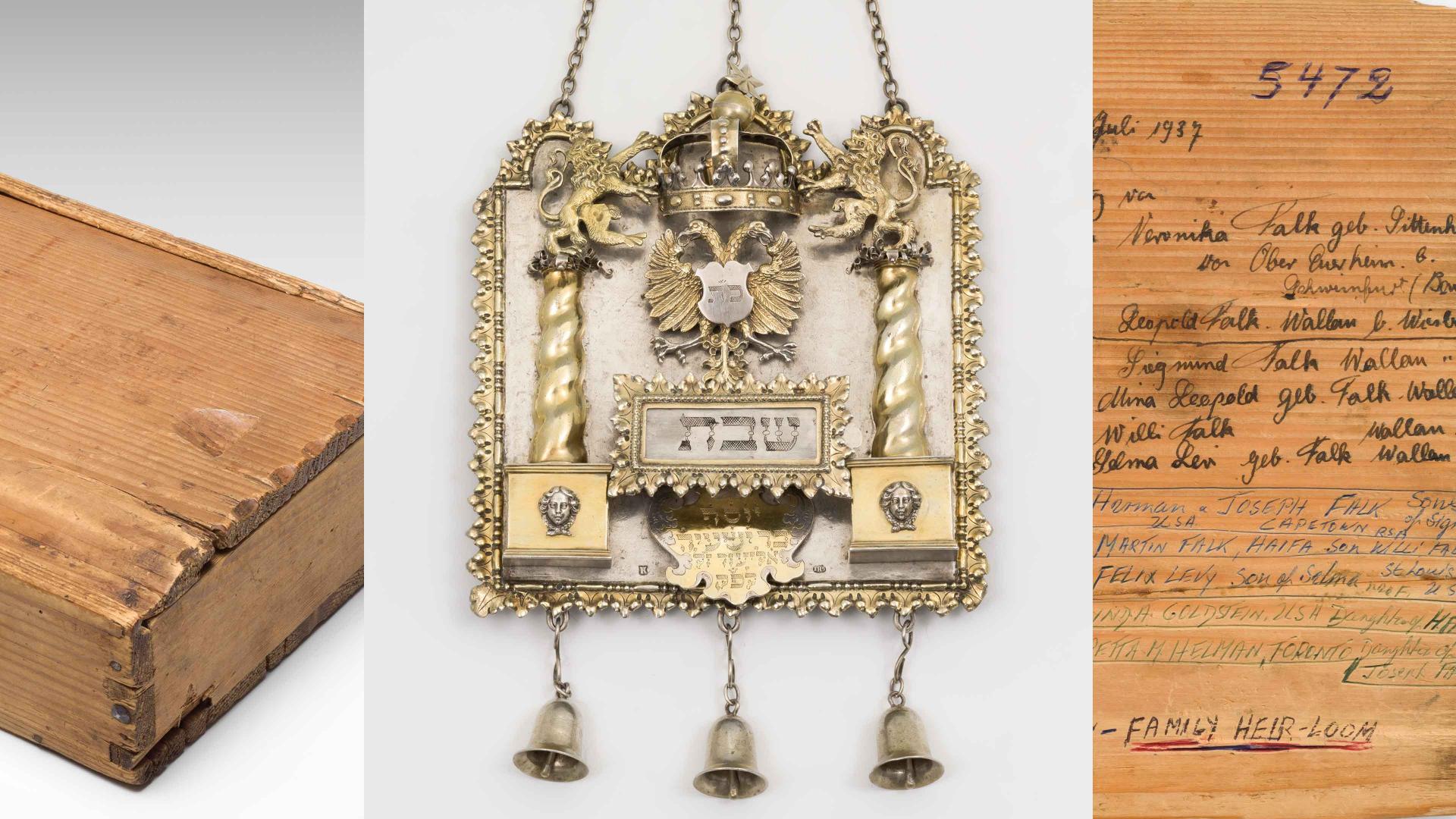 Collage of Torah shield and wooden box closed and inscribed wooden box lid