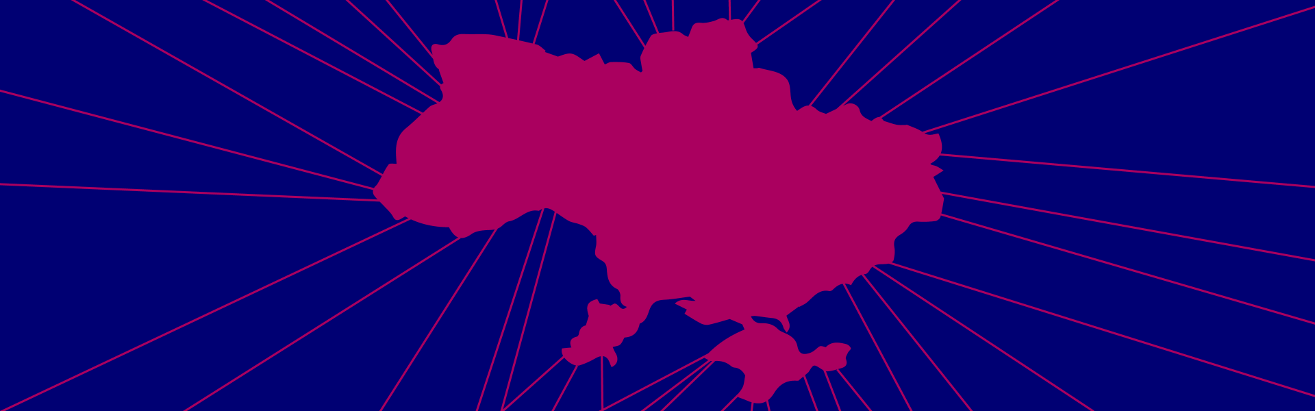 Grafik: Die Form der Ukraine berryfarben vor blauem Grund, davon gehen Strahlen aus.