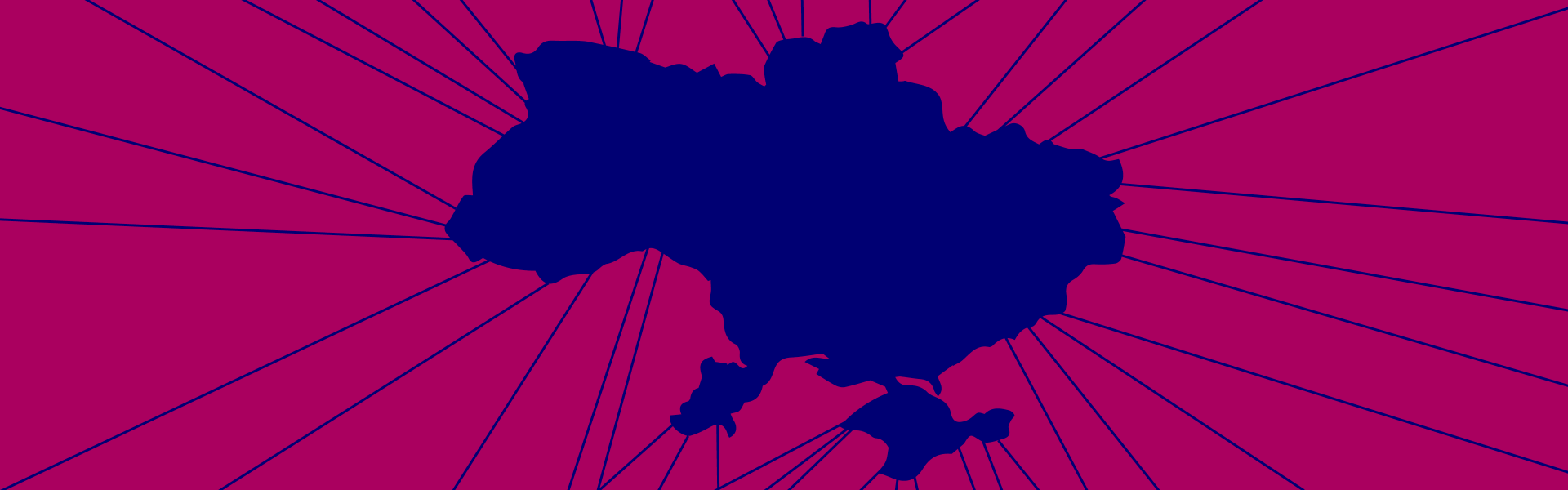 Graphic: The shape of Ukraine in blue against berry background with rays coming out of it. 