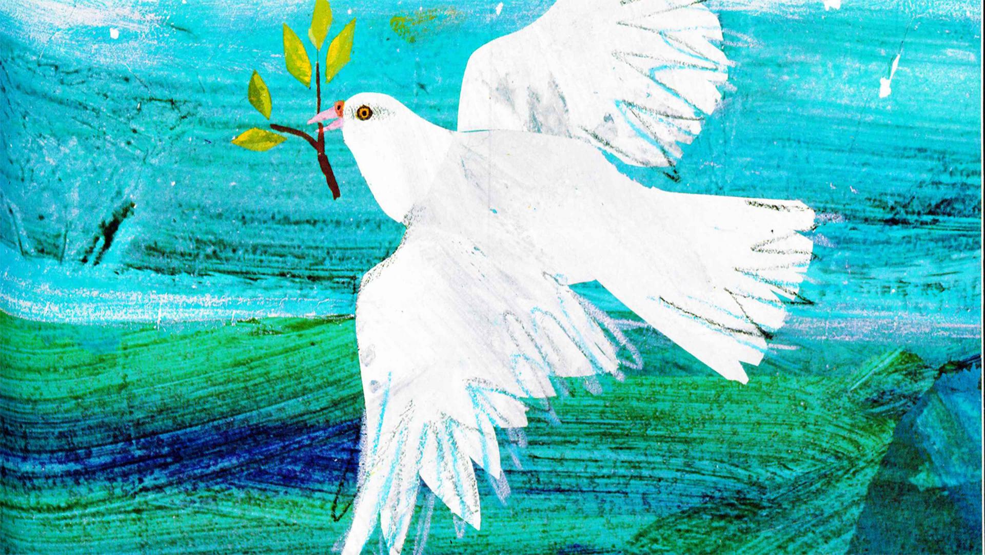 Drawing of white dove with olive branch in beak in front of blue background.