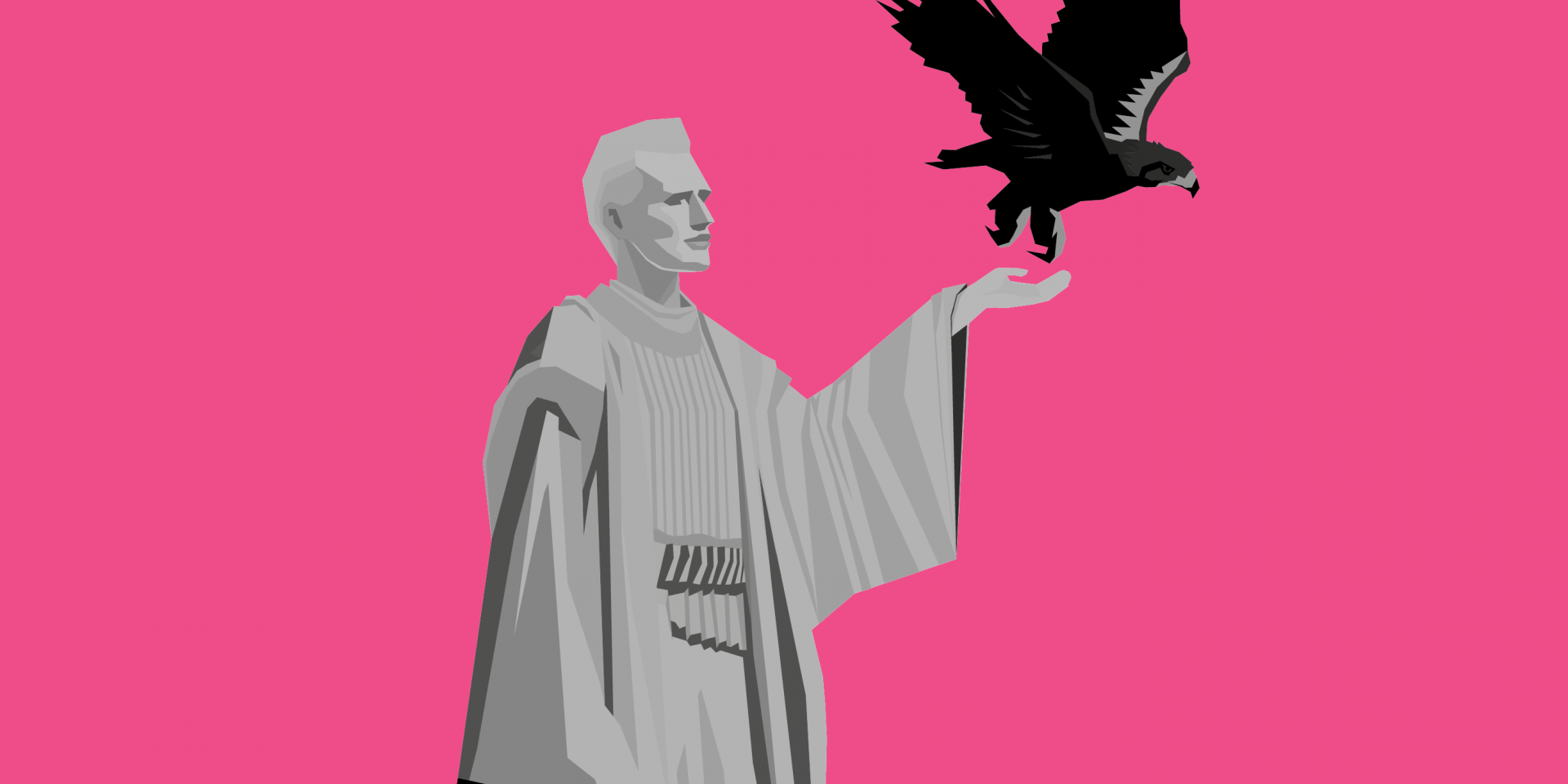 The drawing in comic style shows an androgynous figure in profile on magenta background. She wears a bright frock, her left hand is raised. An eagle has just flown out of her hand