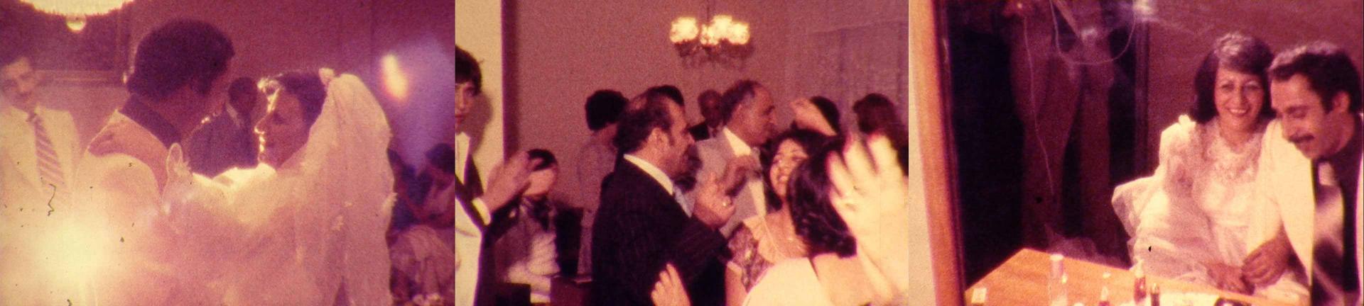 	Film stills: dancing bridal couple, wedding guests at the party, happy bridal couple at the table