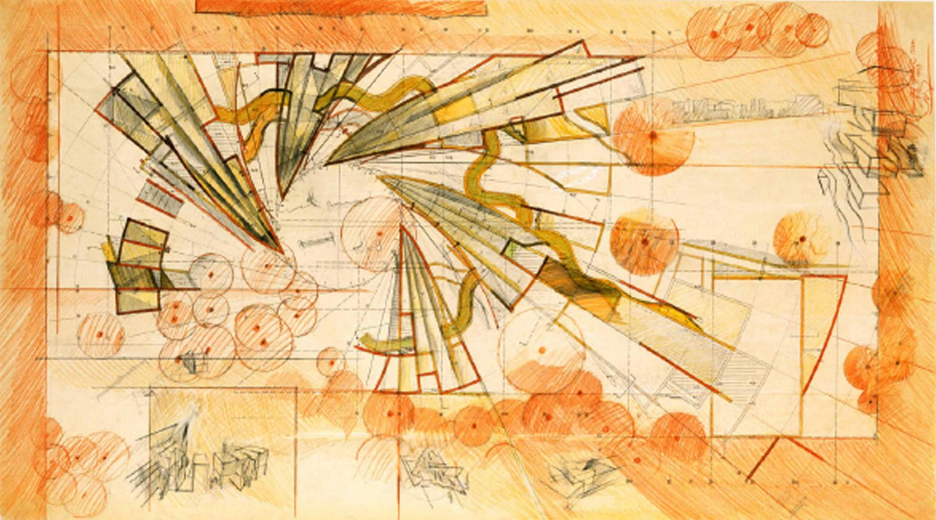 Farbige Entwurfszeichnung von Zvi Hecker mit Spirale aus Keilen, Halbzylindern und Pyramiden