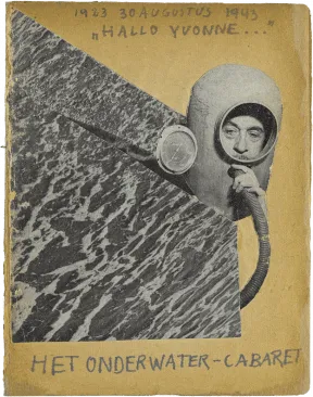 Titelblatt des Magazins Het Onderwater Cabaret vom 30. August 1943 mit einer Collage von Meer und dem Kopf eines Mannes, der wie ein Taucher aussieht.