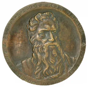 Medal with plastic protruding portrait of a bearded man, presumably of Moses, on the rim is written circumferentially "Steinthalloge UOBB Hamburg/ Zur Erinnerung an die Barmizwoh."