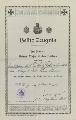 Schmuckurkunde mit Eisernem Kreuz, Preu&szlig;ischem Adler und Portr&auml;t von Wilhelm II., Vordruck, handschriftlich ausgef&uuml;llt