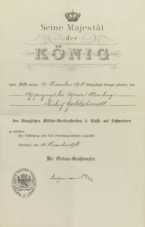 Schmuckurkunde, Vordruck, handschriftlich ausgef&uuml;llt, Stempel